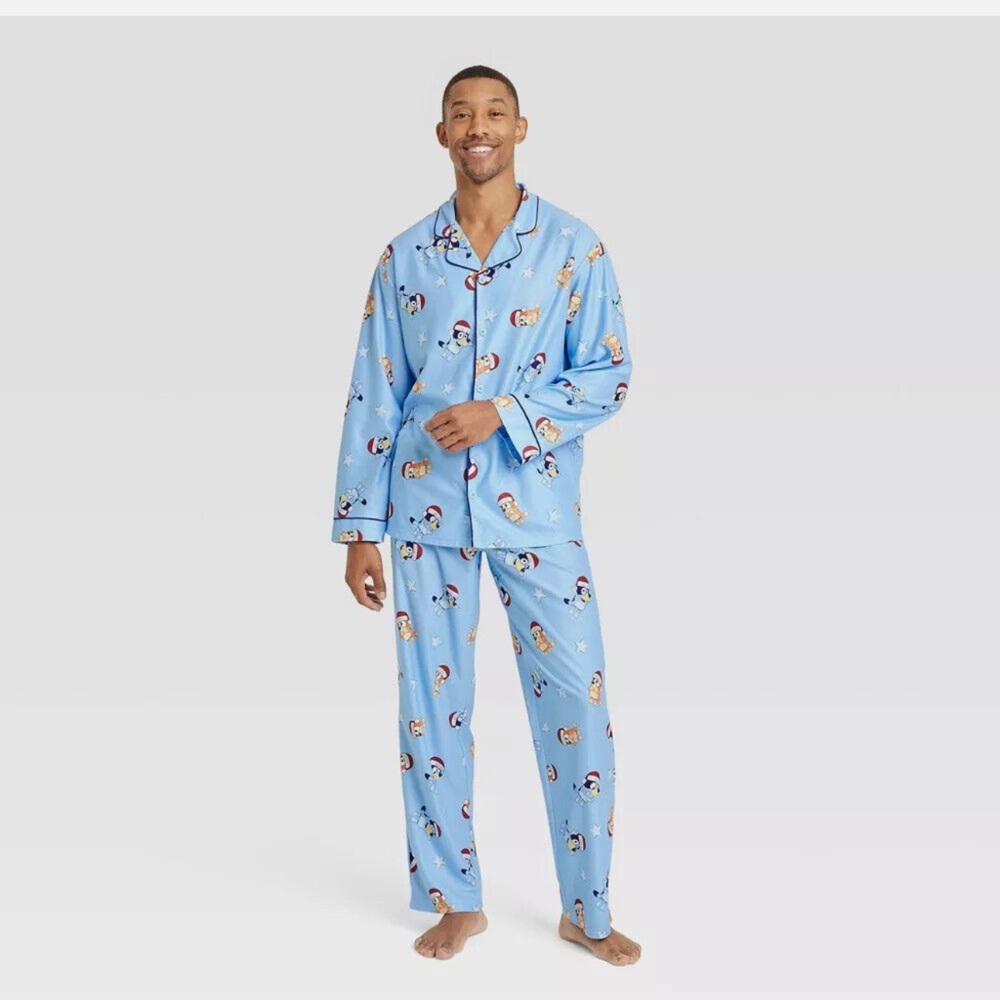 Mens Bluey Pajamas Set Button Down Long Sleeve & Pants Bingo Dog